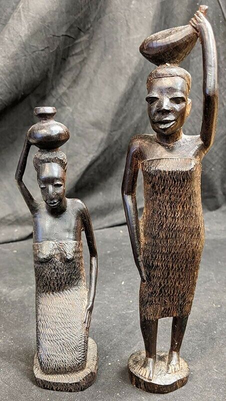 Lot of 2 African Wood Carvings - Assorted Figures Carrying Items
