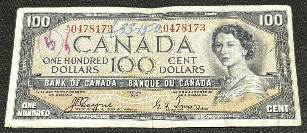1954 Bank of Canada $100 Note, DEVILS FACE AJ 0478173