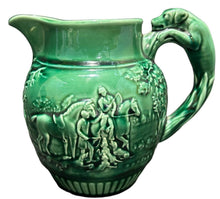 Load image into Gallery viewer, Vintage WEDGWOOD HUNTING SCENE GREEN MAJOLICA PITCHER JUG 6&quot;Hx7.5&quot;W
