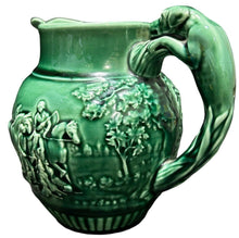 Load image into Gallery viewer, Vintage WEDGWOOD HUNTING SCENE GREEN MAJOLICA PITCHER JUG 6&quot;Hx7.5&quot;W
