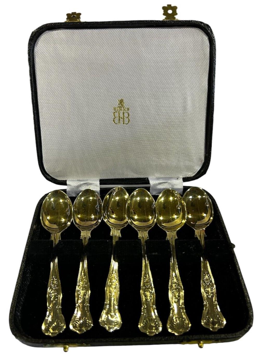 Vintage Birks Silver-plated Spoon Set Fitted Canteen of 6 spoons, GOLDWASHED