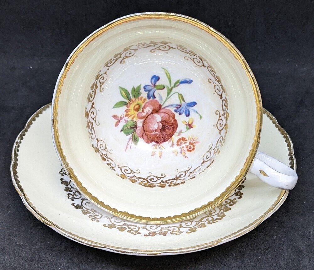 Grosvenor Fine Bone China Tea Cup & Saucer - Soft Yellow With Floral Bouquet