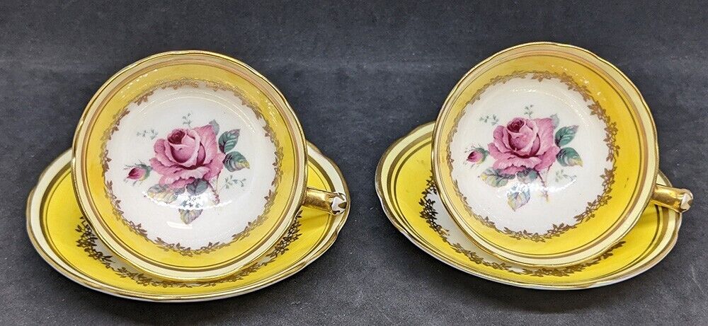 2 x PARAGON, Double Warrant, Cabbage Rose & Yellow Demitasse Cups & Saucers