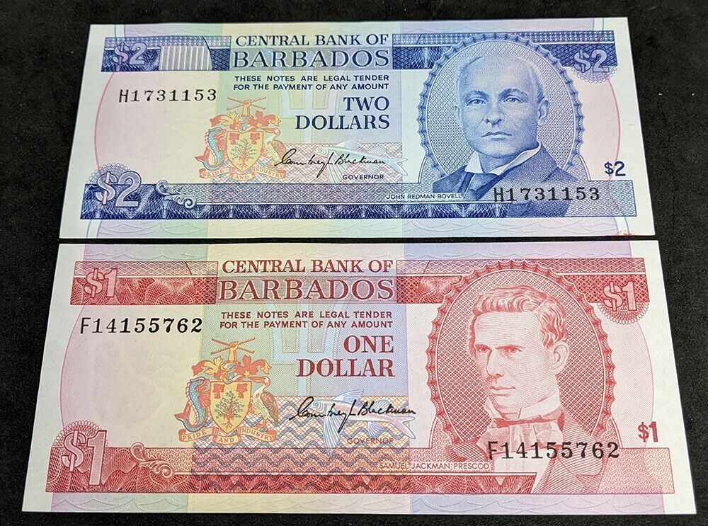 1973 Central Bank of Barbados $1 & $2 Bank Notes