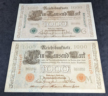 Load image into Gallery viewer, 2 x 1910 Germany 1000 Mark Bank Notes -- Green &amp; Red Serial Number Varieties
