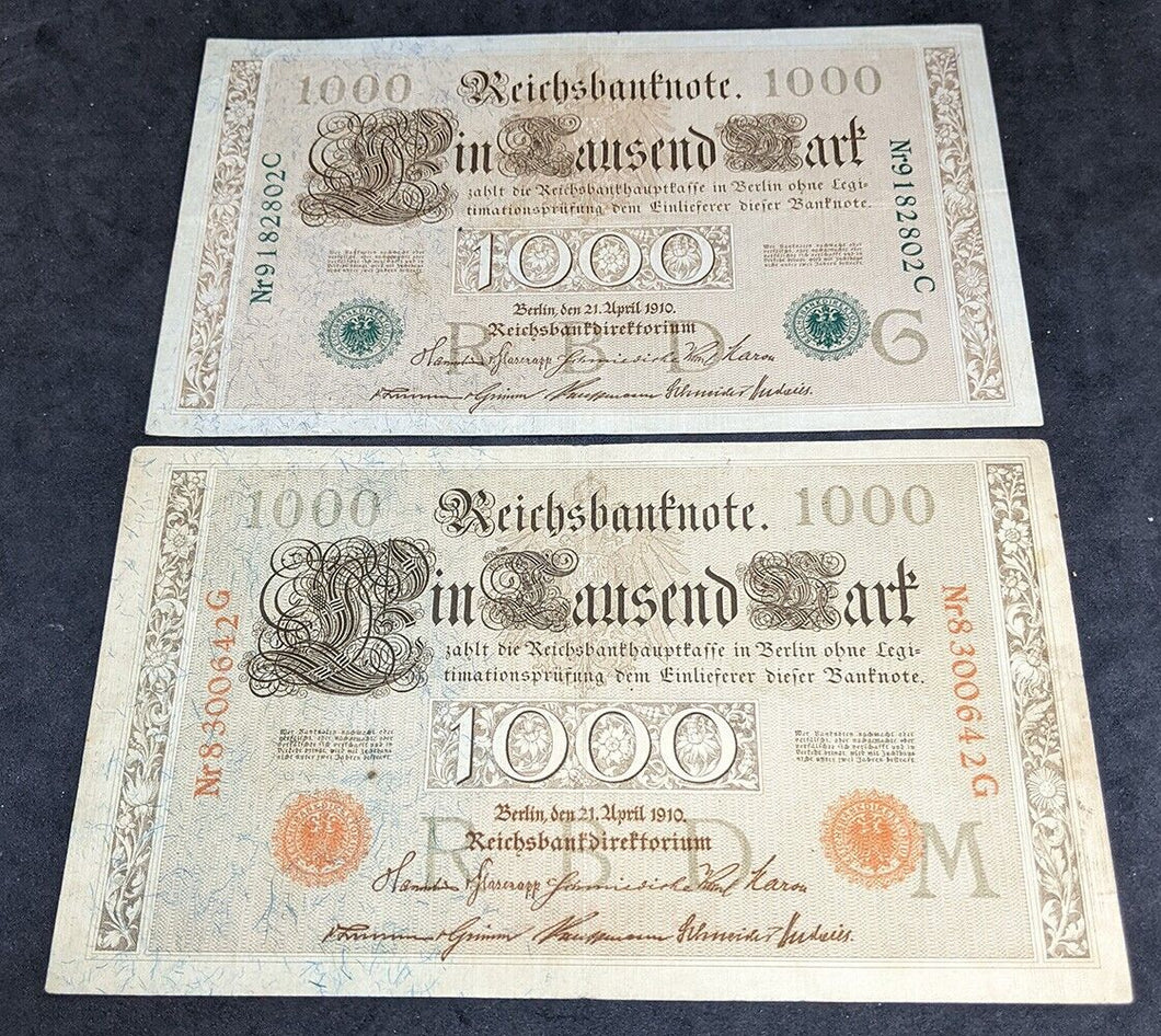 2 x 1910 Germany 1000 Mark Bank Notes -- Green & Red Serial Number Varieties
