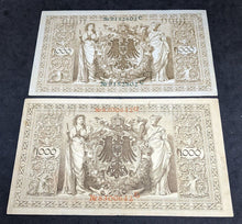 Load image into Gallery viewer, 2 x 1910 Germany 1000 Mark Bank Notes -- Green &amp; Red Serial Number Varieties
