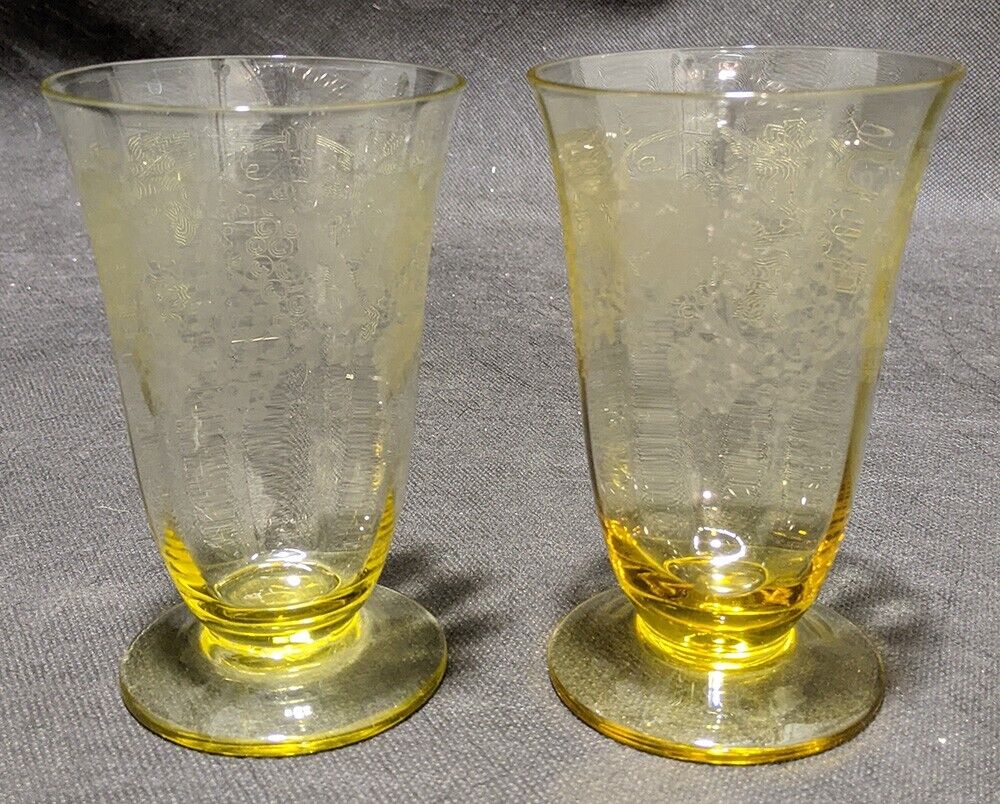 Vintage Yellow Depression Glass Grape & Vine Etched Water / Juice Glass