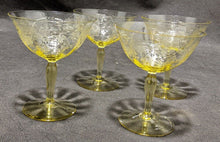 Load image into Gallery viewer, 4 Vintage Yellow Depression Glass Grape &amp; Vine Etched Sherbet Glasses
