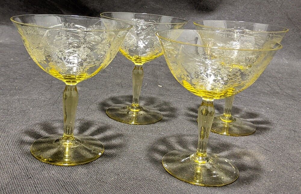 4 Vintage Yellow Depression Glass Grape & Vine Etched Sherbet Glasses