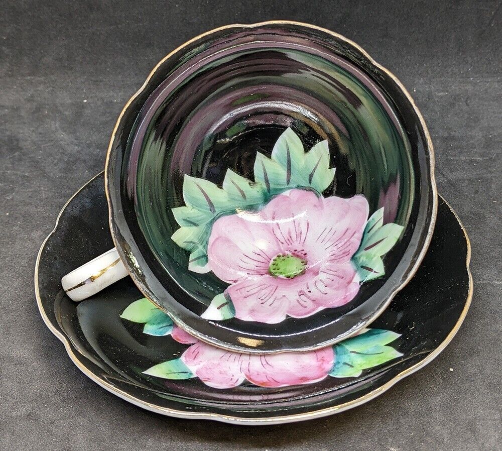 Shafford - Japan - Hand Painted Black Cup & Saucer With Big Pink Flower