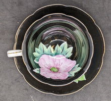 Load image into Gallery viewer, Shafford - Japan - Hand Painted Black Cup &amp; Saucer With Big Pink Flower
