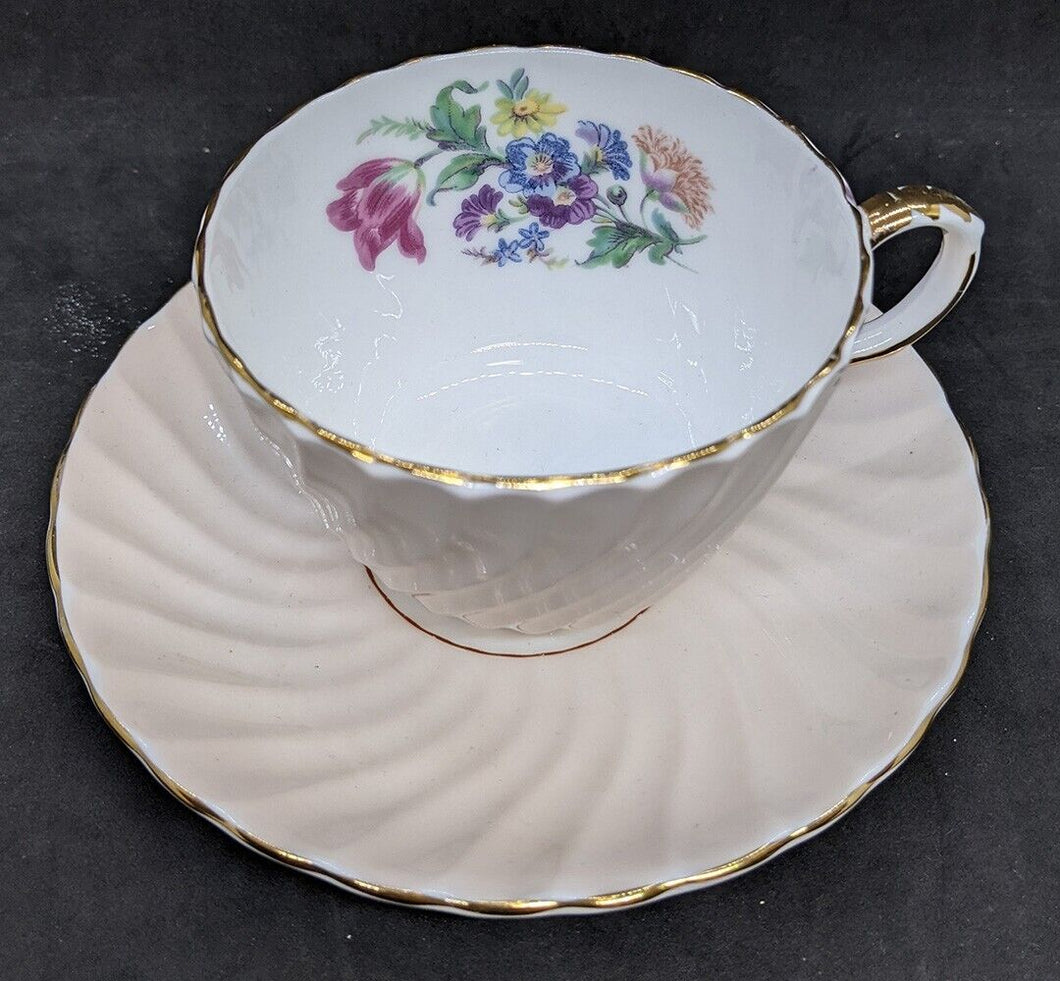 Vintage AYNSLEY Fine Bone China Tea Cup & Saucer - Soft Pink Wave - Floral Bowl