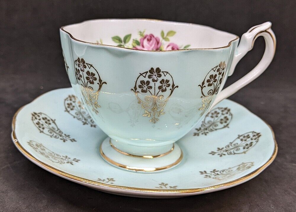 Vintage Queen Anne Bone China Tea Cup & Saucer - Teal Blue & Gold Detail