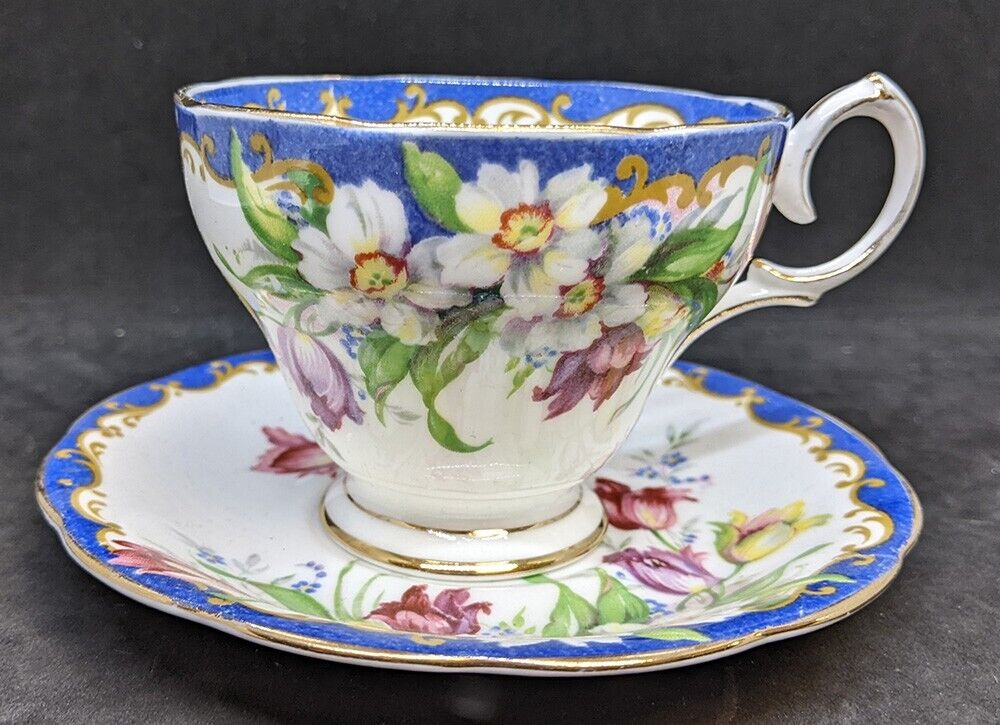 Vintage Bell Bone China Tea Cup & Saucer - Blue Border, Floral Design