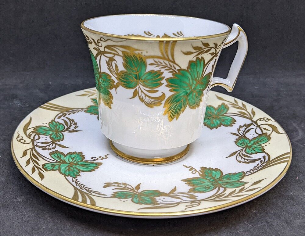 Vintage Royal Chelsea Bone China Tea Cup, Saucer - Hand Decorated - Green & Gold
