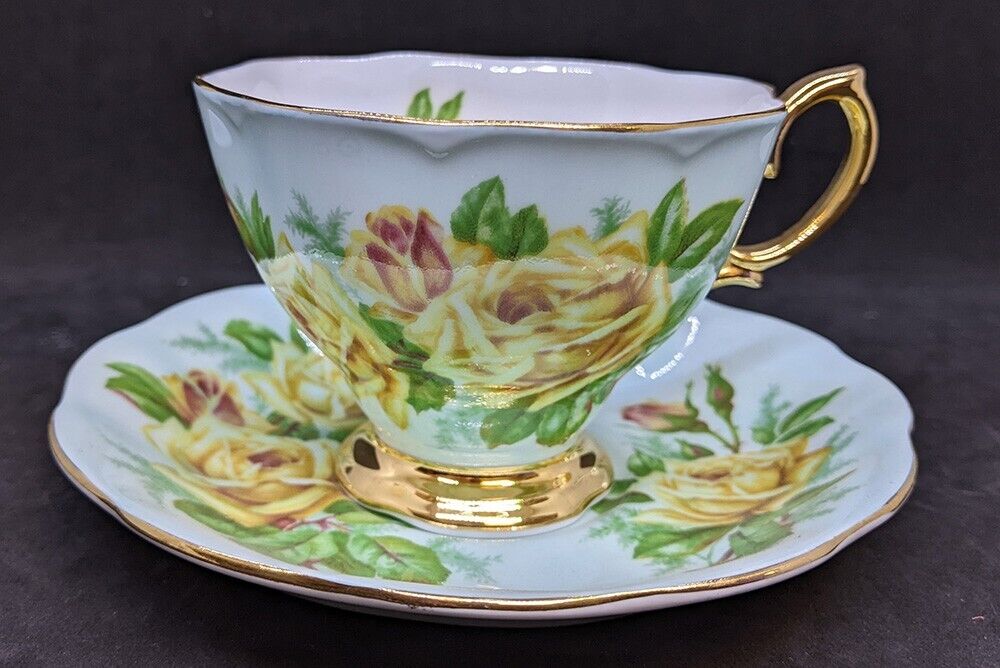 Vintage Royal Albert Bone China Tea Cup & Saucer - Blue With Yellow Roses