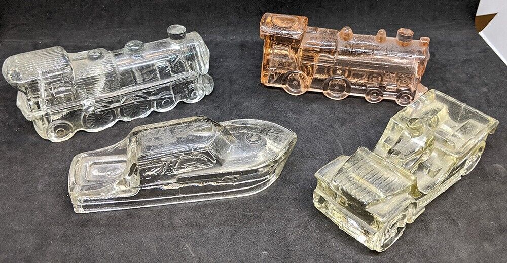 4 Assorted Pressed Glass Candy Containers - Jeep, Trains & Boat