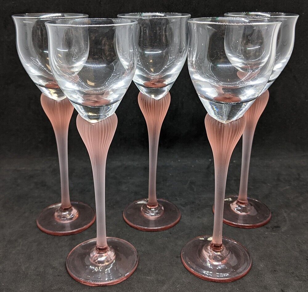 5 x 80's MIKASA Sea Mist Coral Frosted Stemware Crystal Cordial Glasses