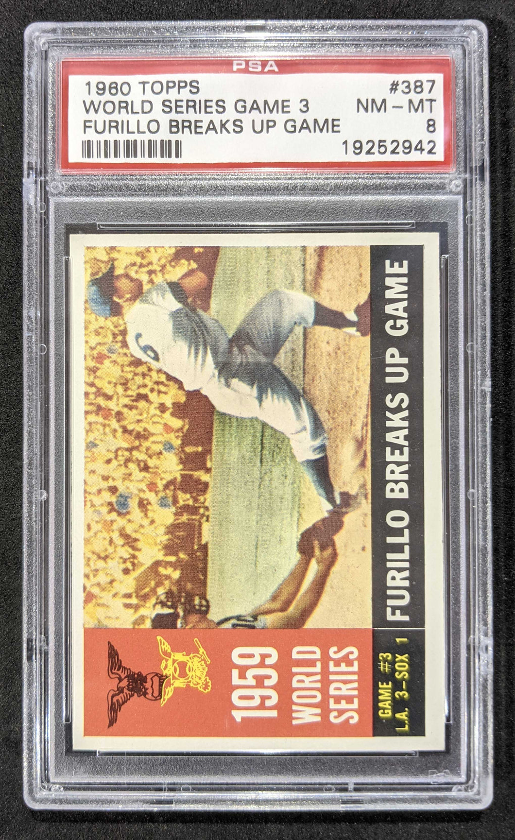 1960 Topps World Series Game 3 Furillo Breaks Up Game #387 PSA NM-MT 8
