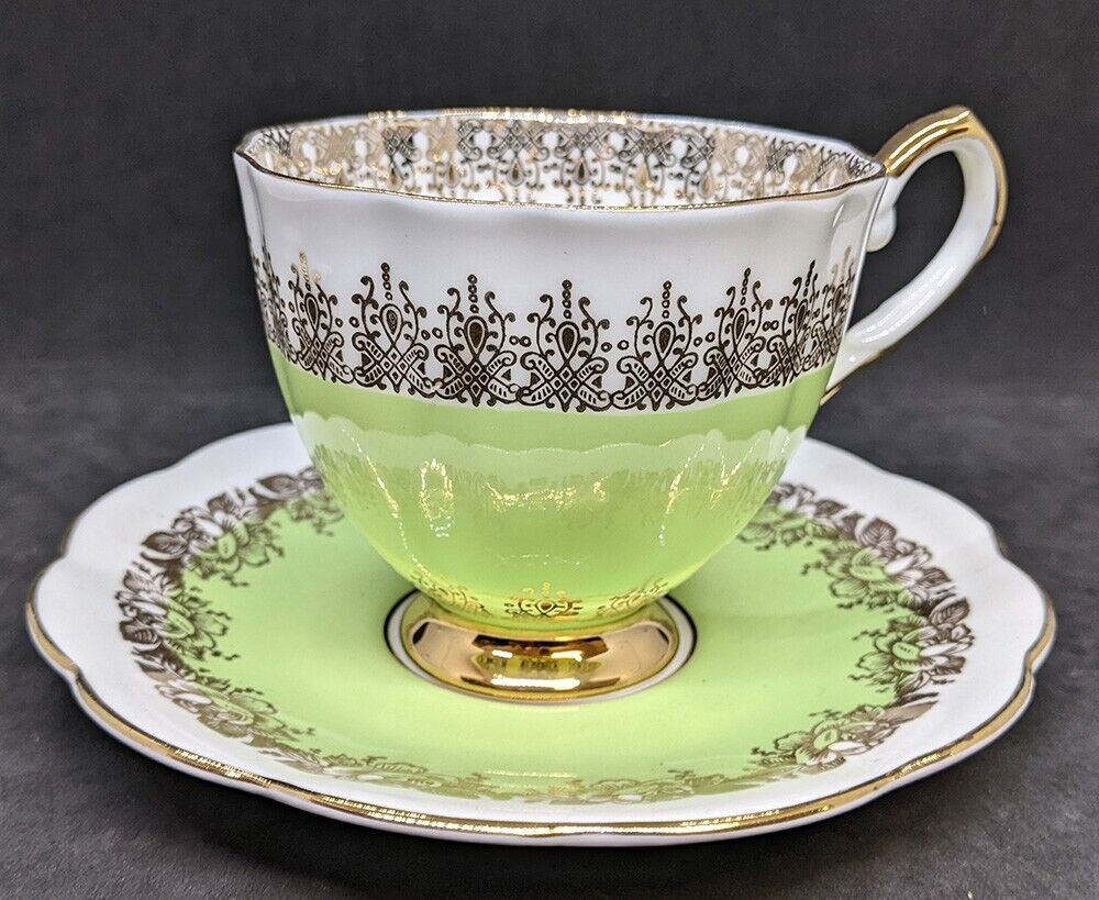 Elizabethan Fine Bone China Tea Cup & Saucer by Taylor & Kent - Green & Gold