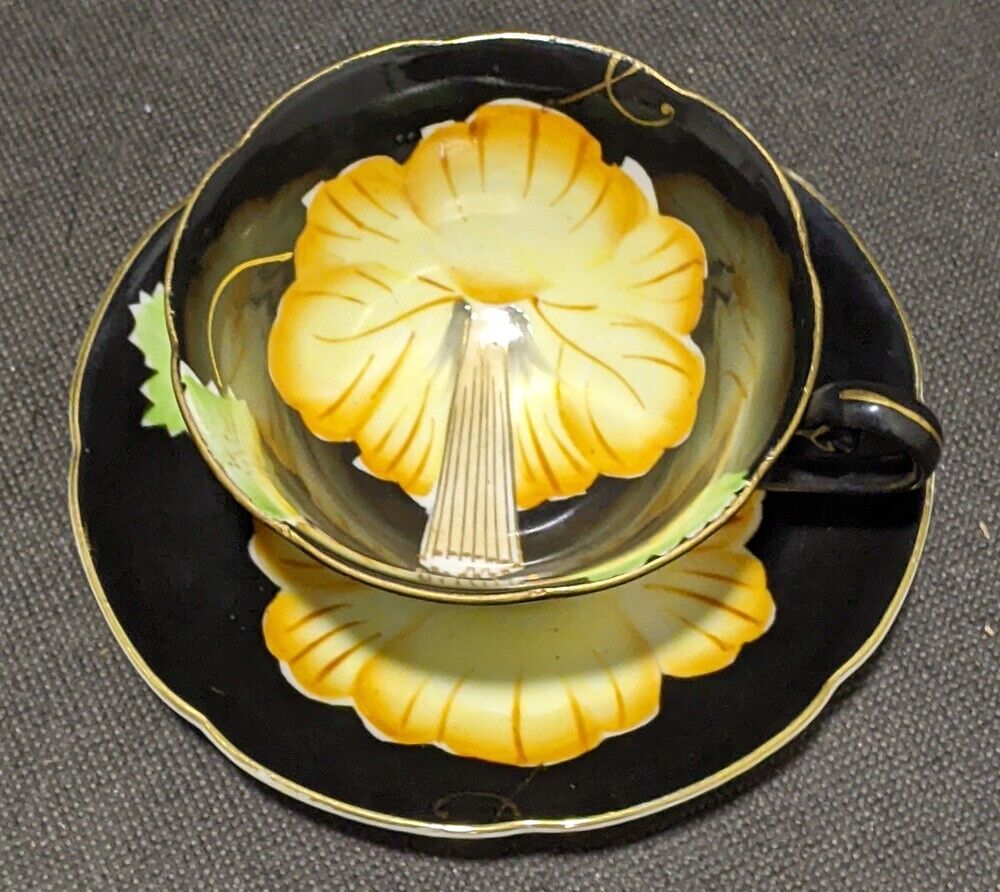 Princess China - Occupied Japan - Tea Cup & Saucer - Black With Orange Flower