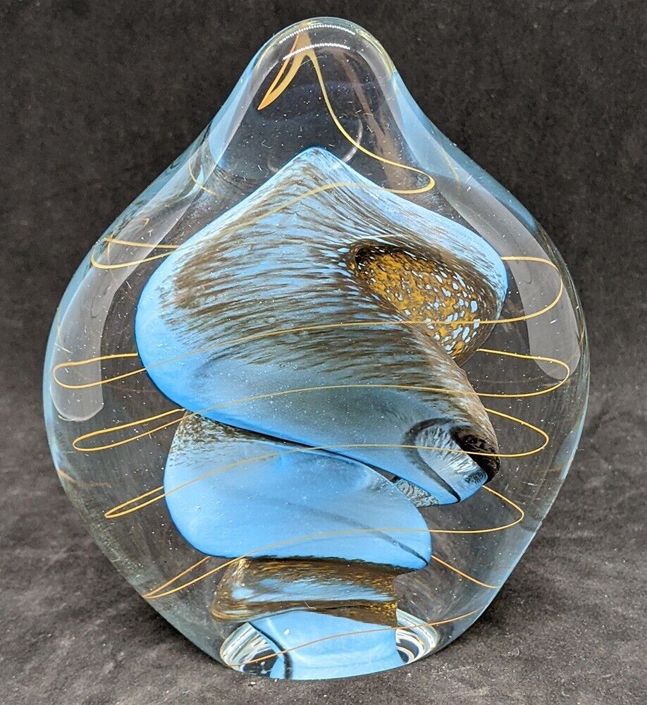 Signed Rybka Art Glass Paperweight - Sept. 5, 2003 - Blue Flow Design