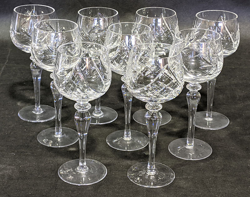9 Crystal Stemmed White Wine Glasses - Unsigned - 7 5/8