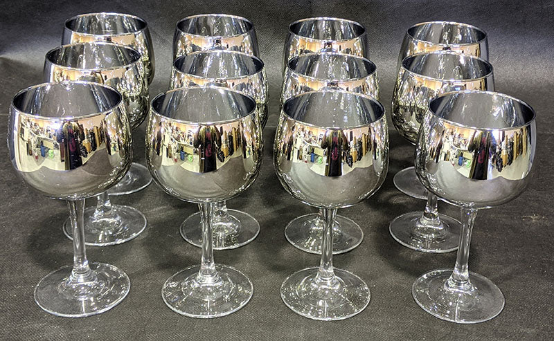 12 Mirrored Bowl Glass Wine Glasses - Unsigned