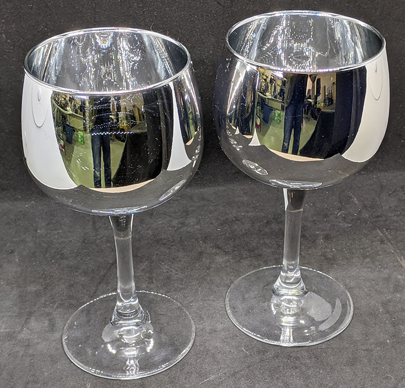 2 Mirrored Bowl Glass Wine Glasses - Unsigned