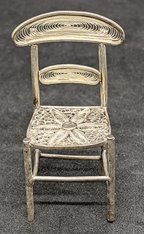 Vintage Filigree Silver Miniature Chair, Daisy Design on Seat