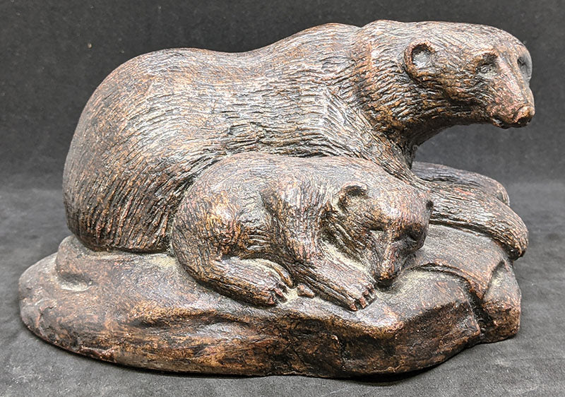 Carved Plaster Mother & Cub Bear Sculpture - Signed MVW