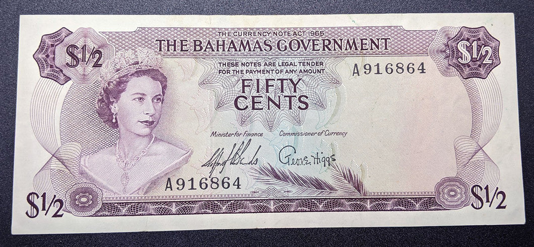 1965 Bahamas Government 50-Cent Half Dollar Bank Note – 2 Signatures