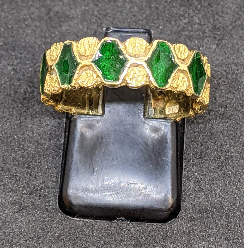 18 Kt Yellow Gold & Green Enamel Eternity Ring - Size 8.75