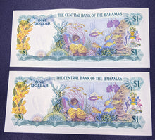 Load image into Gallery viewer, 2 Consecutive 1974 Central Bank of Bahamas $1 Bank Notes – U N C
