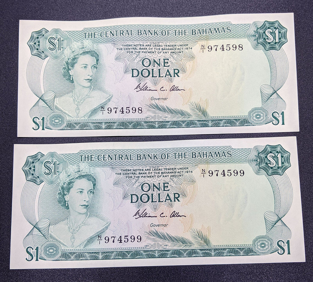 2 Consecutive 1974 Central Bank of Bahamas $1 Bank Notes – U N C