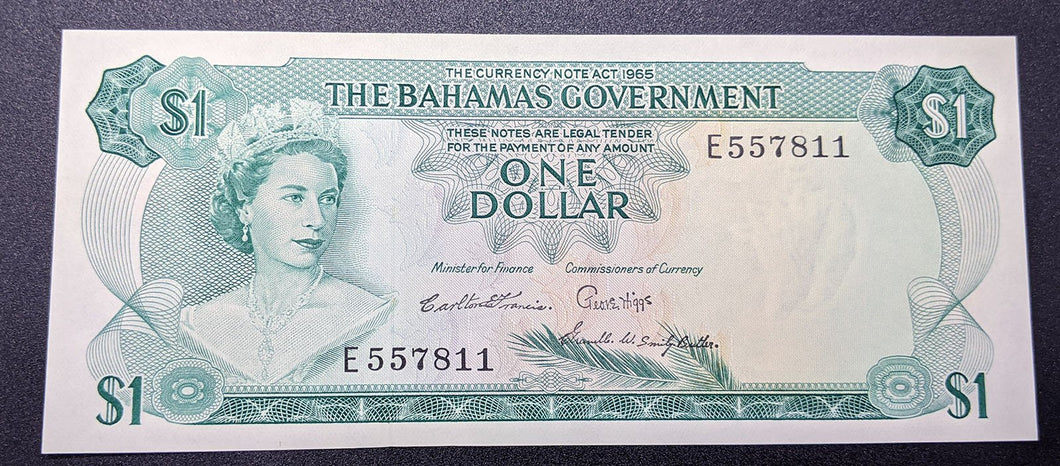 1965 Bahamas Government $1 Dollar Bank Note – U N C – 3 Signatures
