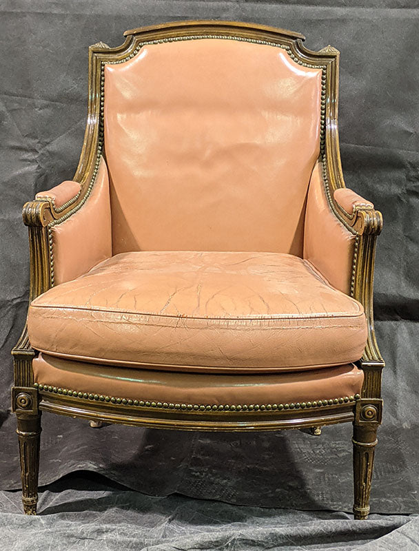 Vintage Salmon Leather, Brass Studded Arm Chair