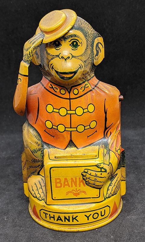 Vintage J. Chien (USA) Tin Monkey Tipping Hat Coin Bank