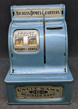 Load image into Gallery viewer, Blue Metal Uncle Sam&#39;s 3 Coin Register Coin Bank - Works
