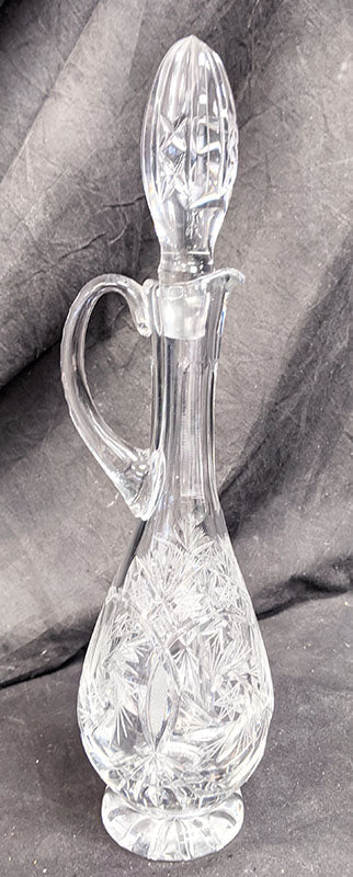 Tall Cut Crystal / Glass Handled Wine Decanter With Stopper - Not Signed