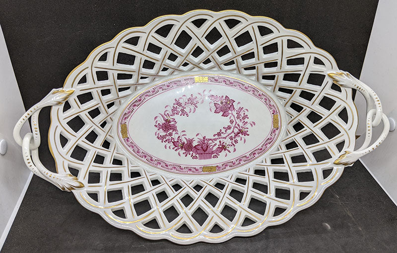 HEREND - Fine Bone China - 7400 Basket Weave Dish - Pink & Gold Detail