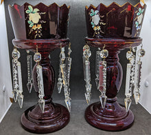 Load image into Gallery viewer, Pair of Vintage Ruby Red Glass Hand Enamel Lustres With All Prisms

