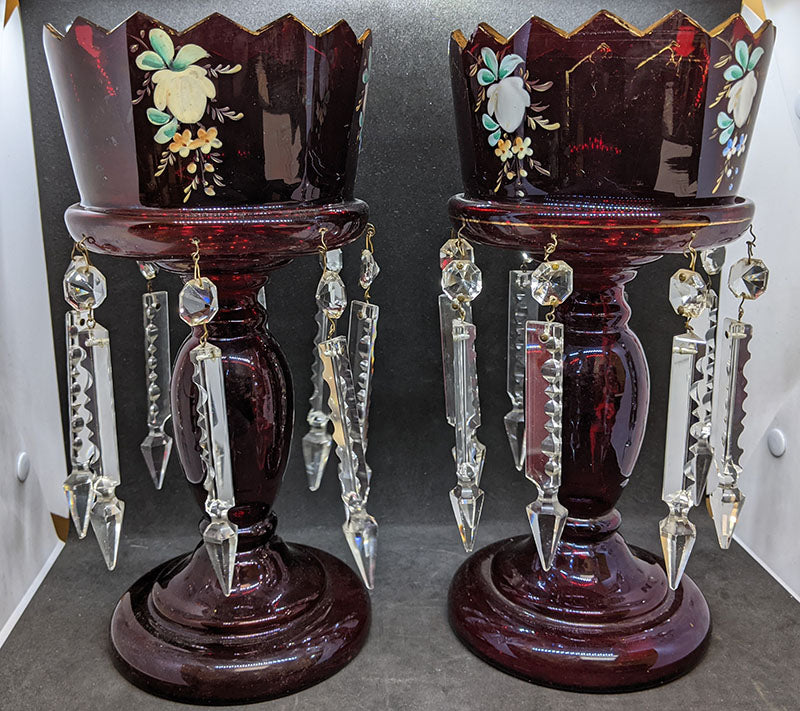Pair of Vintage Ruby Red Glass Hand Enamel Lustres With All Prisms
