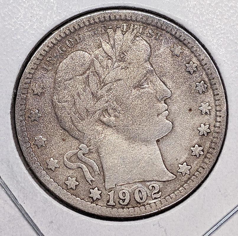 1902 United States of America (USA) Silver 25-Cent Quarter Coin - V F 20