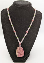 Load image into Gallery viewer, Rose Quartz Bead Necklace With Carved Stone Pendant - 18&quot;
