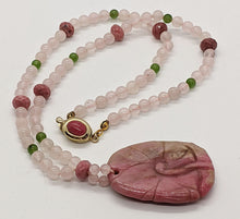 Load image into Gallery viewer, Rose Quartz Bead Necklace With Carved Stone Pendant - 18&quot;
