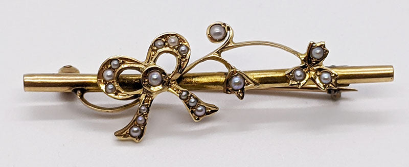 Vintage 14 Kt Yellow Gold Seed Pearl Bow Pin