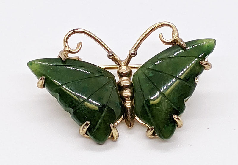 Gold Tone Jade / Jadeite Butterfly Pin / Brooch