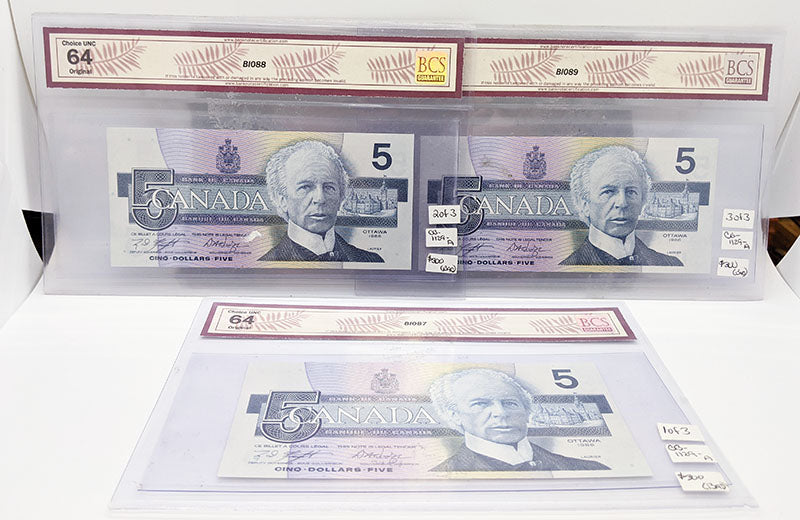 3 Consec., BCS Graded Bank of Canada $5 Replacement Bank Notes - Choice UNC 64